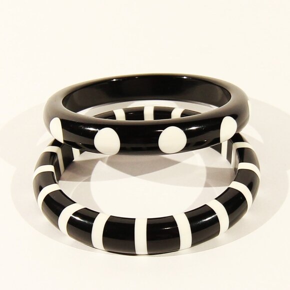 Jewelry - Vintage MOD Set 2 Black & White Polka Dot and Strip Lucite Bangle Bracelets